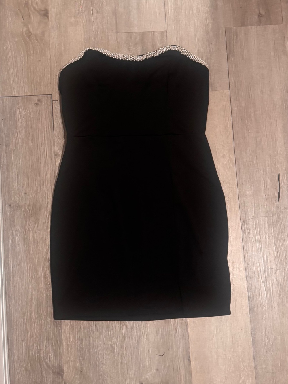 Pearl-Trim Strapless Black Sheath Dress